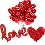 30 Stück Rot Herz Folienballons, 1 LOVE Folienballon, 500 Rosenblätter, Rote Herzen Helium Luftballons für Valentinstag, Hochzeit, Ballons Valentinstag Deko
