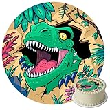 J&M DECO Tortenaufleger Dino – essbare Dinosaurier Tortendeko Ø 20 cm – farbenfrohes Tortenbild für Kindergeburtstag – gebrauchsfertig auf Zuckerpapier – Made in EU