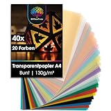 OfficeTree 40x Transparentpapier Bunt A4 – 20 Farben - 130 g/m² - Pergamentpapier Bunt inkl. Gold & Silber - Buntes Transparentpapier zum Basteln von Laternen