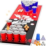 Faburo Tischtennisbälle Becher Set, 180x60cm Tische Matte Set mit 30 Becher+8 Tischtennisbälle+10 Würfel+Tischmatte, Partybecher Tischmatte Spiel für Party Weihnachten, Rot Tisch Matte