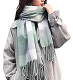 heekpek Damen Kariert Oversized Kaschmir Schal Lange Winterschal Weich Wraps Groß Karo Fransen Schal Warm Schal für Herbst Winter, Grün weiß