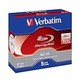 Verbatim BD-RE Single Layer Blu-ray Rohlinge 25 GB, Blu-ray-Disc mit 2-facher Schreibgeschwindigkeit, mit Kratzschutz, 5er-Pack Jewel Case, Blu-ray-Disks für Video- und Audiodateien