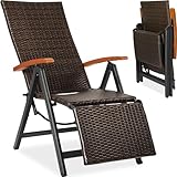 tectake® Alu Polyrattan Gartenstuhl mit Armlehnen, Campingstuhl mit 6-Fach Verstellbarer Rückenlehne, klappbar, Relaxsessel mit Liegefunktion, wetterfest, Klappstuhl mit Fußablage - braun