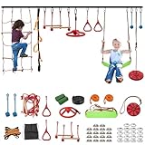 18M Ninja Warrior Hindernisparcours (13 Hindernisse), Ninja Slackline Kit für Kinder, langlebige Spielgeräte mit 13 Komplett-Set-Affenstange, Schaukel, Balanciergurt, Kletterleiter & Netz