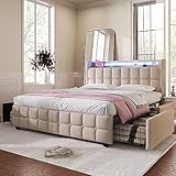 Kayan Polsterbett mit USB Ladefunktion und LED-Kopfteil und 4 Schubladen, Doppelbett 180x200cm Stauraumbetten Jugendbett Bettgestell, Lattenrost aus Holz, Ohne Matratze (180x200cm, Beige)