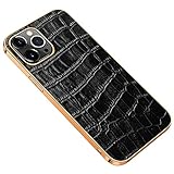 zhouye Schutzhülle aus echtem Leder für iPhone 13/13 Pro/13 Pro Max, Krokodil-Hülle, galvanisiert, goldfarbene Kanten, TPU-Stoßdämpfer, Fallschutz, Schwarz, 13 Pro Max 17,5 cm (6,7 Zoll)