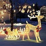 COSTWAY LED-Rentier mit Schlitten, Weihnachtsdeko, beleuchtete Rentier Weihnachtsfigur mit 100 warmweißen Lichtern, Weihnachtsbeleuchtung, Weihnachtsdekoration für Außen und Innen