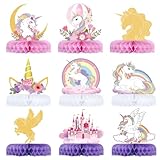 HONMOK 9 Stück Einhorn Bienenwabe Einhorn Party Deko 3D Waben Unicorn Honeycomb Mittelstücke Papier Herzstück Tischaufsätze Dekoration für Mädchen Geburtstag Thema Party Tischdeko 15x4 cm