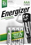 Energizer Recharge Universal - AAA Akkus (4 Stück) - 500 mAh NiMH Batterien - Bis zu 1000 mal wiederaufladbar - voraufgeladen und sofort einsatzbereit - 100% plastikfreie Recycelbar Verpackung