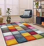 the carpet Monde Deluxe Wohnzimmer Teppich Hand Carved, Kurzflor, Farbenfroh, Bunt, Blau, Rot, Braun, Grün, Grau, Kariert, 80 x 150 cm