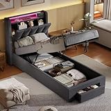 okwish Polsterbett 90x200 cm mit Schubladen, LED und USB, Kopfteil mit Stauraum, Hydraulisches Bett mit Bettkasten und Lattenrost, Jugend & Einzelbett, Samt Dunkelgrau, ohne Matratze