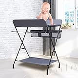 Baby Wickelkombi Höhenverstellbar Wickeltisch mit 3 Fächer klappbare Wickelkommode Wickelauflage mit Sicherheitsgurt, für Babys unter 12 Monaten, 80 x 63 x 96 cm