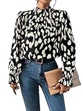 GORGLITTER Bluse Mit Rüschen Damen Bluse Mit Stehkragen Langarm Blusenshirt Elegante Blusen Oberteile Volant Ärmel Top Schwarz und Weiß M