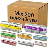 AF® - 200 Münzhülsen mannigfach | 25 Münzrollen für 2 euro, 1 euro, 50cent, 20cent, 10cent, 5 2 und 1 cent, 25 Münzrollen Kunststoff x 8 Münzen
