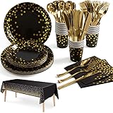 141Stück Schwarzesgold Partygeschirr,Partyzubehör Pappteller Set,Wiederverwendbar ​Papier Geschirr Set einschließlich Tischdecke Teller Becher Servietten zum Geburtstag,Hochzeiten,Jubiläums(20 Gäste)