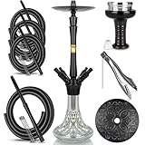 schlauch Shisha Set Komplett Schisha 4 Anschlüsse - Shisha mit Premium Wasserpfeife Zubehör inkl. 4 Schaluch Phunnel Kopf Mit HMD + 4 Mundstück Tauchrohr - Schwarz