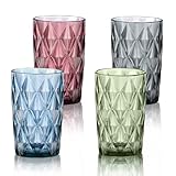 LOITTAINUE Trinkgläser Set Bunt - Gläser Set 4 Teilig 400ml Vintage Wassergläser aus Glas mit Geprägtem Design - Saftgläser Drinkgläser Küchengläser - Spülmaschinenfest (A)