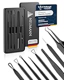 NEUMANN® Mitesserentferner-Set (rostfreier Edelstahl) zum entfernen von Pickeln, Blackheads & co. - Komedonenquetscher, Heber, Remover - Verschiedene Tools: Schlingen, Pinzetten, Lanzette [Schwarz]