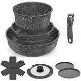 YASHE 9-teiliges Topf und Pfannenset, Antihaft-Kochgeschirr set,stapelbares TöPfe Set, Für Alle Herdarten, Abnehmbarer Griff, Ofenfest, Stapelbar Platzsparend, Schwarz