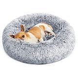 FEANDREA Hundebett flauschig, Katzenbett, Donut Kissen, waschbar, Polsterung in der Mitte herausnehmbar, Langer Plüsch, 50 cm Durchmesser, hellgrau PGW037G01