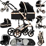 Reenborn Kinderwagen 3 in 1, Buggy mit Zwei Umkehrbaren Schiebemodi, Kinderwagen mit Rahmen Aluminiumlegierung, Babywagen 3 in 1 Komplettset mit Ein-Klick-Faltdesign Hohe Landschaft (588 Black Gold)