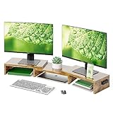 BONTEC Monitorständer Holz, Dual Monitor Stand Riser mit Handyhalter, Verstellbare Länge und Schwenkwinkel, Ergonomischer Monitorständer für 2 Monitore, Für Büro und Heimarbeit, Vintage-Braun