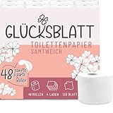 Glücksblatt Toilettenpapier SAMTWEICH, 4-lagig, 48 Rollen x 130 Blatt, 100% Zellstoff, superweiches Klopapier mit Glücks-Prägung, WC Papier, ideal für Camping, Verpackung aus mindestens 30% PCR-Anteil