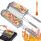 JUAUO 2-Stück Grillzubehör, Seitlicher Öffnung Zylindrischer Rotierender Grillkorb Set mit Edelstahl Griff, Praktisches Geschenke für Grillliebhaber, für Gemüse, Fleisch, Meeresfrüchte am Außengrill