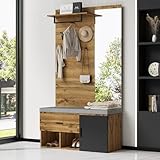 Trdlpyn Eingangsgarderobe 190 cm hoch mit Spiegel, gepolsterter Schuhhocker (104 x 39 cm), Schuhschrank, Schubladen, Regale, Kleiderhaken – praktisches Design für den Eingangsbereich