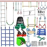 Dripex Ninja Warrior Hindernisparcours für Kinder - 15m×2 Ninja Slackline und 10 langlebige Hindernisse - Outdoor-Trainingsparcours im Hinterhof mit Schaukel, Netz und Leiter zum Klettern, Turnen