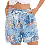 Arbeitsshorts für Damen, hohe Taille, Strandshorts, elastische Taille, Blumendruck mit 2 Taschen, Badeanzug-Shorts für Damen, blau, XXL