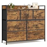 SONGMICS Kommode, Schrank, 7 Stoffschubladen mit Griffen, Metallgestell, Industrie-Design, vintagebraun-tintenschwarz LTS137B01