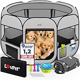 LOVPET® Welpenlaufstall Tierlaufstall Faltbar für Kleintiere Hunde, Katzen Inkl. Hundenapf und Fleece Decke Hundelaufstall Freigehege Oxfordgewebe Pop-up System Indoor & Outdoor, Hellgrau/Schwarz