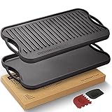 OVERMONT Gusseisenplatte Grillplatte Gusseisen Doppelseitiger - Grill mit Griffen 43,2 x 24,9 cm - für BBQ Ofen Herd Holzkohlegrill Gasgrill