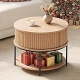 YITAHOME Couchtisch Rund, Couchtisch mit 2-stufigem Stauraum, Couchtische mit Schiebetüren im Tambour-Design für das Wohnzimmer, Couchtische aus Holz, Eiche