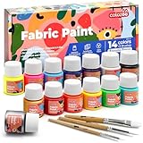 colozoo Textilfarbe Waschmaschinenfest 14x20ml | Stoffmalfarben Waschfest Set Inc. Gold, SIlber & 2 Neon Farben & 3 Pinsel | Textilfarbe zum Malen auf Dunklen und Hellen Stoffen