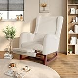 Schaukelstuhl, Stillsessel mit Lendenkissen, Seitentasche und Fußstütze, klappbar, Schaukelstuhl mit Beinen aus Massivholz, für Schlafzimmer, Wohnzimmer, gefrosteter Samt (Beige)