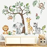 decalmile Wandtattoo Dschungel Waldtiere Baum Wandsticker Safari Elefant Giraffe Affe Wandaufkleber Babyzimmer Schlafzimmer Klassenzimmer Wanddeko