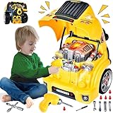 Herenear Auto Schrauben Kinder mit Bohrmaschine, Großer Traktor zum Schrauben Spielzeug Set mit Licht und Sound, Motorblock Reparatur-Funktionen, Lernspielzeug Geschenke Jungen Geburtstag 3-8 Jahre