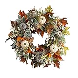 Türhänger-Herbstkranz die Haustür, 45 cm künstlicher Herbstkranz mit Ahornblatt, Blättern und Beeren, weißer künstlicher Blätterkranz, Erntedankkränze, Ahornblattkranz den Wind