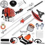 Thermoschneider, multifunktional, 5 in 1, 52 cm³ 2-Takt-Motor, Hochentaster, Heckenschere, Bortenschneider, 3-Zahnklinge, Verlängerung 1 Meter, vielseitiges Gartenwerkzeug, für die Pflege, Rot