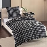 Nesture Winter Warme Thermo Fleece Bettwäsche 135x200, Kuschelig weich Bettwäsche Sets 2 teilig, 1 Bettbezug 135 x 200cm flauschig + 1 Kissenbezug 80x80 mit Reißverschluss, Kariert Anthrazit