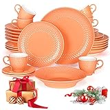 Geschirrset 6 Personen, 30-Teiliges Tafelservice, Orange porzellan geschirr teller set, SINTUNS Kombiservice mit Schneeflocken Prägung im Vintage Look, Am besten für Geschenke