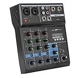 Professioneller 4 Kanal Audiomischer, USB Stereo Mischpult mit Soundkarte, USB Bluetooth MP3 Computereingang 48 V Power Soundkartenkonsolensystem für Musiker, DJs, Sänger, Live(Black)
