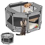 YRHome Quadratischer Welpenauslauf Extra Groß, Laufstall Hund 600D Oxford-Gewebe, wasserabweisend, XL Freilaufgehege für Hunde & Katzen bis 20kg, mit Seitentaschen & Oberem Deckel, 100x60x60 cm, Grau