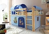 Hochbett Spielbett Malte Kiefer massiv Natur, Vorhangstoff:Pirat Hellblau Dunkelblau