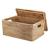 TOLIDA Natürlicher Aufbewahrungskorb aus Rattan Gewebter Wasserdichte Aufbewahrungskiste mit Deckel Im Wohn, Küche Kleiderschrank für Kleidung Büchern Obst Gemüse Kosmetik 39×28×18CM