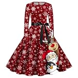 Kleid Weihnachten Damen, Weihnachts Halloween Kleid, Langarm Mit Schneeflocke Weinglas Bedruckt Weihnachtskleid A-Linie Knielang Hohe Taille Seil Weihnachts Kleid Weihnachts Cocktailkleid
