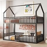 Aceinheu Kinder Etagenbett Hausform 90x200 & 140x200, Metall Hochbett mit Rutsche & Treppe, Doppelbett mit Sicherheitsgitter & Tür, in Weiß & Schwarz (Schwarz, 90x200)