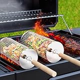 Nestendes Rollendes Grillkorb Set mit Holzgriff, Rolling Grilling Basket, Grillnetzrohr für Den Außengrill für Gemüse, Grillkorb Edelstahl Zylindrisch, Geschenke für männer